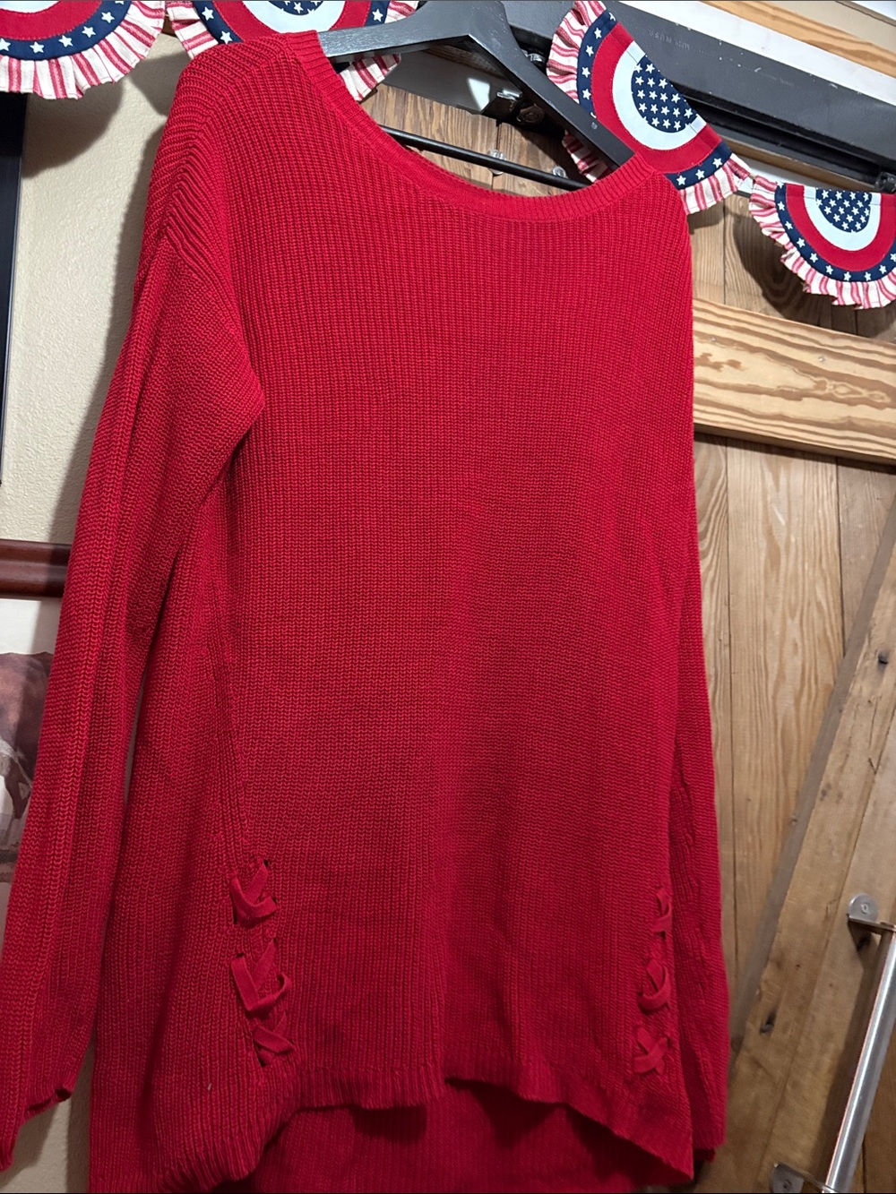 a.n.a Red Scoop Neck Knit Sweater with Side Bow Accents